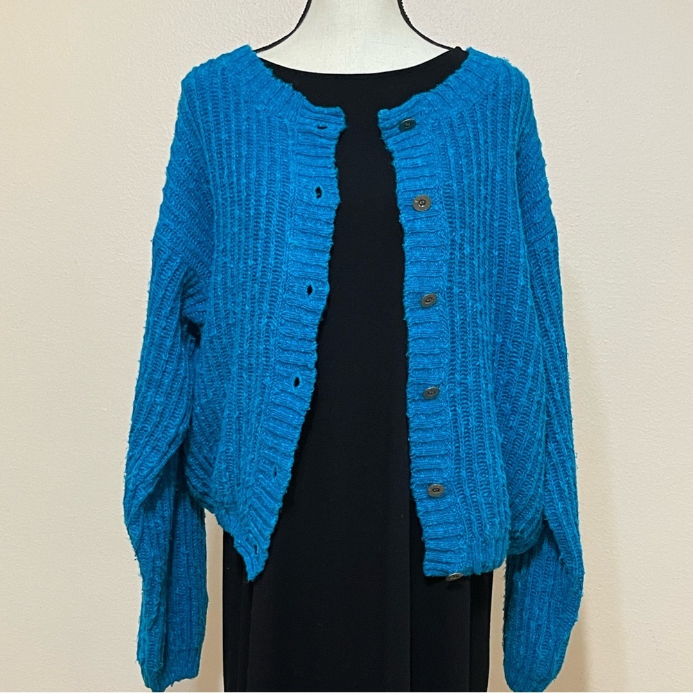 Vintage L.L. Bean Teal Linen Blend Button Up Chunky Knit Cardigan Size L